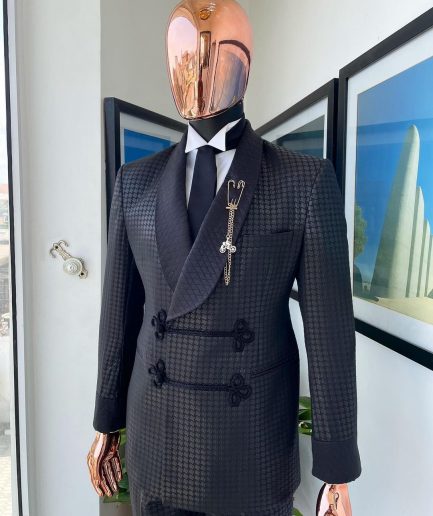 A “sajora” black inverted square patterned jacquard tuxedo suit
