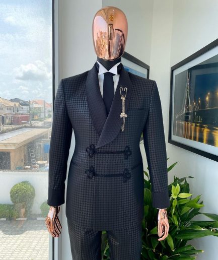 A “sajora” black inverted square patterned jacquard tuxedo suit