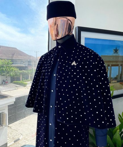 An “Eyes Wide Shut” navy blue velvet Ceremonial suktan with silver crystals Swarovski detailing