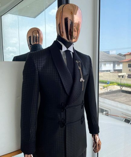A “sajora” black inverted square patterned jacquard tuxedo suit