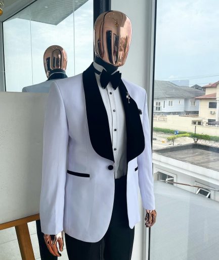 A White With Black Velvet Shawl Lapel Tuxedo Suit