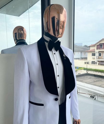 A White With Black Velvet Shawl Lapel Tuxedo Suit