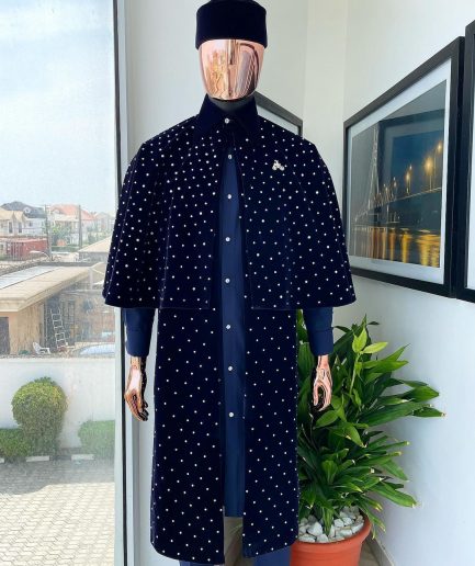 An “Eyes Wide Shut” navy blue velvet Ceremonial suktan with silver crystals Swarovski detailing