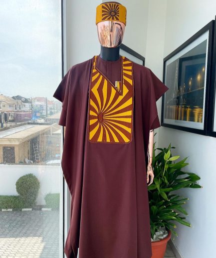 A Cinnamon Brown, Sunset In The East Embroidery Gold Mixed Detailing Agbada