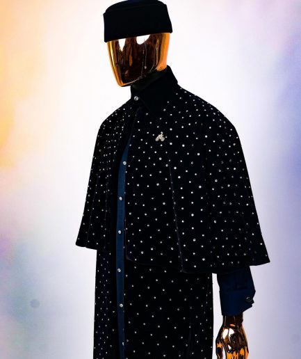 An “Eyes Wide Shut” navy blue velvet Ceremonial suktan with silver crystals Swarovski detailing