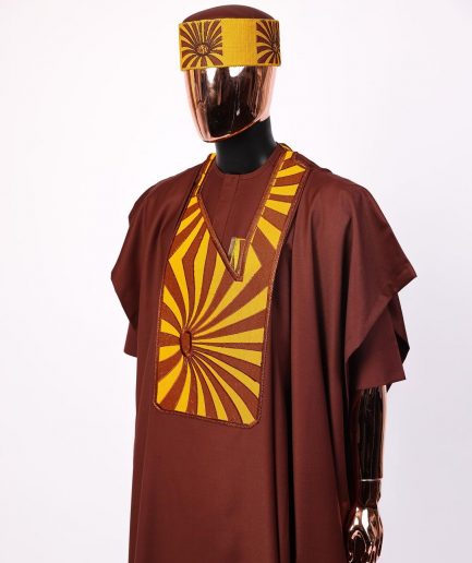 A Cinnamon Brown, Sunset In The East Embroidery Gold Mixed Detailing Agbada