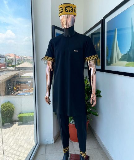 A Charcoal black, connected star gold embroidery detailing Senator Kaftan native.