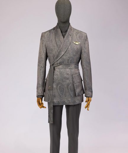 An “Epitome” steel grey, powder blue and light brown mix element jacquard wrap kimono with patch pocket