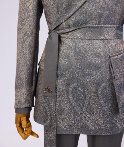 An “Epitome” steel grey, powder blue and light brown mix element jacquard wrap kimono with patch pocket