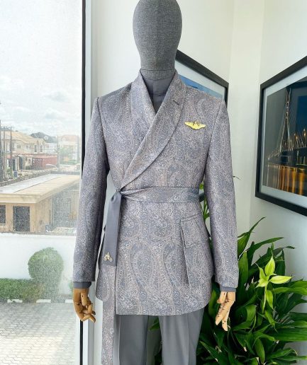 An “Epitome” steel grey, powder blue and light brown mix element jacquard wrap kimono with patch pocket