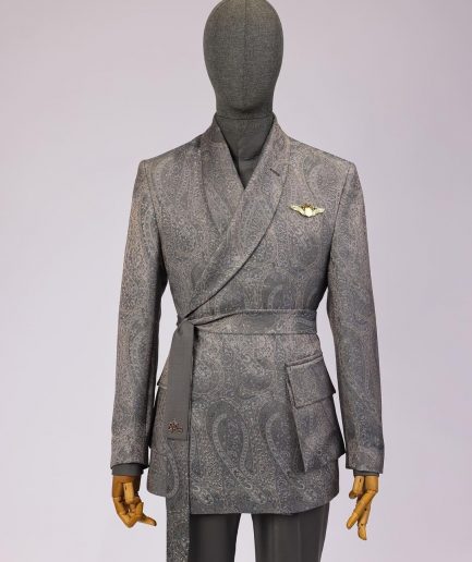 An “Epitome” steel grey, powder blue and light brown mix element jacquard wrap kimono with patch pocket
