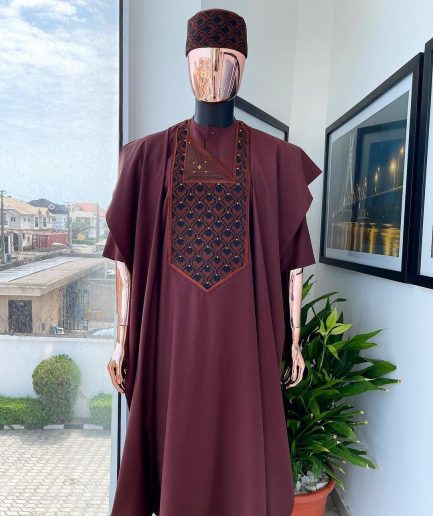 A Cinnamon Brown, Layered Egg Plant Embroidery Detailing Agbada