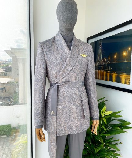 An “Epitome” steel grey, powder blue and light brown mix element jacquard wrap kimono with patch pocket