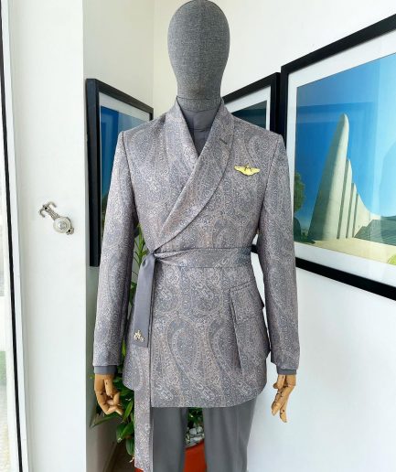 An “Epitome” steel grey, powder blue and light brown mix element jacquard wrap kimono with patch pocket