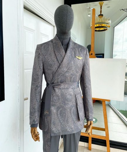 An “Epitome” steel grey, powder blue and light brown mix element jacquard wrap kimono with patch pocket