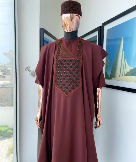 A Cinnamon Brown, Layered Egg Plant Embroidery Detailing Agbada