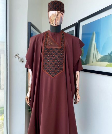 A Cinnamon Brown, Layered Egg Plant Embroidery Detailing Agbada