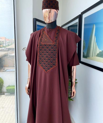 A Cinnamon Brown, Layered Egg Plant Embroidery Detailing Agbada