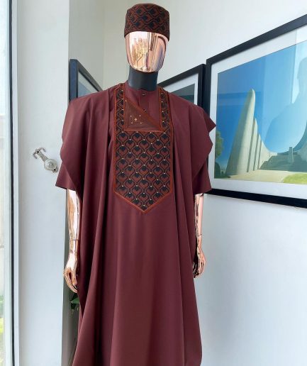 A Cinnamon Brown, Layered Egg Plant Embroidery Detailing Agbada