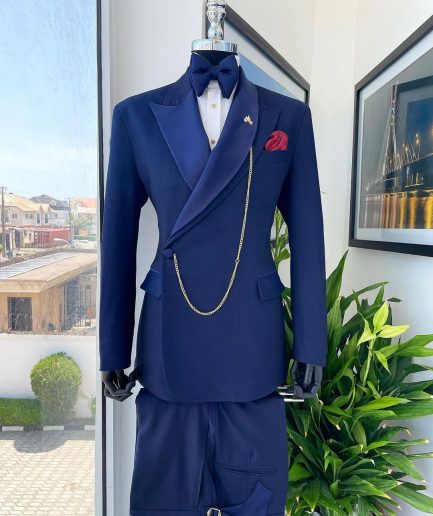 A Navy Blue Tiny Squared Metallic Jacquard Bespoke Reloaded “Arthur Richards” Tuxedo 3 Lapel Suit.