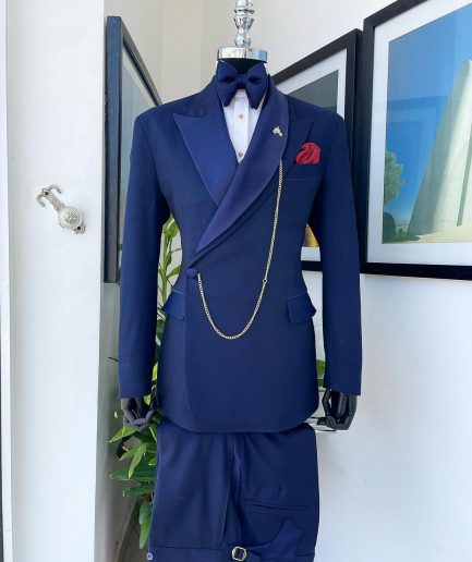 A Navy Blue Tiny Squared Metallic Jacquard Bespoke Reloaded “Arthur Richards” Tuxedo 3 Lapel Suit.