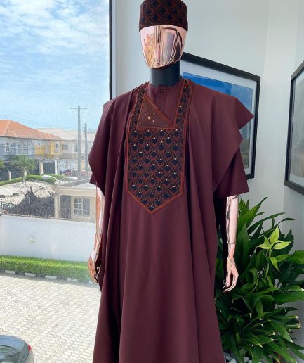 A Cinnamon Brown, Layered Egg Plant Embroidery Detailing Agbada