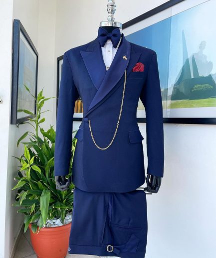 A Navy Blue Tiny Squared Metallic Jacquard Bespoke Reloaded “Arthur Richards” Tuxedo 3 Lapel Suit.