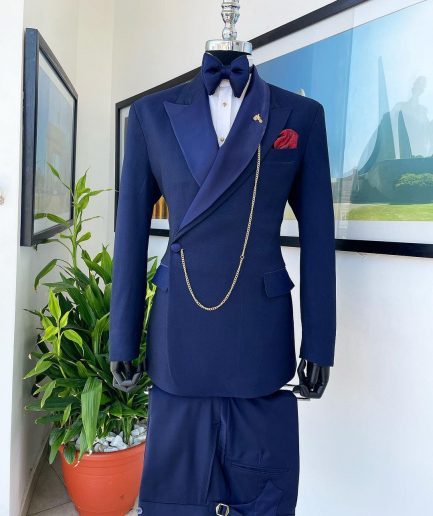 A Navy Blue Tiny Squared Metallic Jacquard Bespoke Reloaded “Arthur Richards” Tuxedo 3 Lapel Suit.