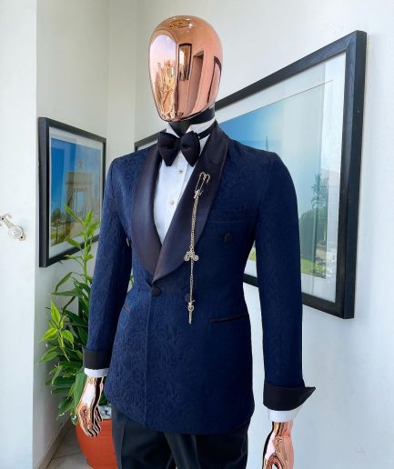 A Navy Blue Floral Patterned Shawl Lapel, Single Button Double-Breasted Tuxedo Suit