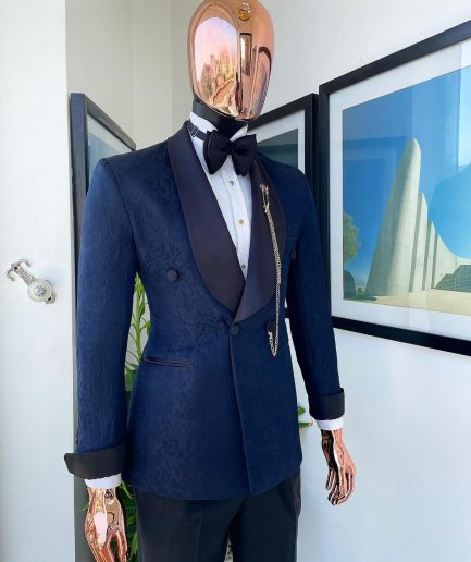 A Navy Blue Floral Patterned Shawl Lapel, Single Button Double-Breasted Tuxedo Suit