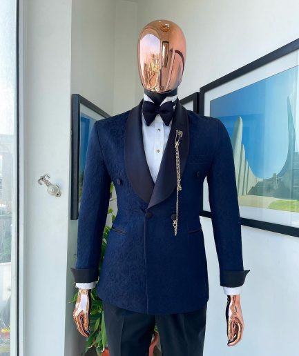 A Navy Blue Floral Patterned Shawl Lapel, Single Button Double-Breasted Tuxedo Suit