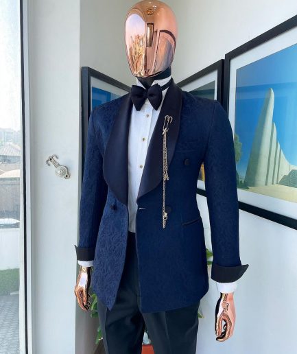 A Navy Blue Floral Patterned Shawl Lapel, Single Button Double-Breasted Tuxedo Suit