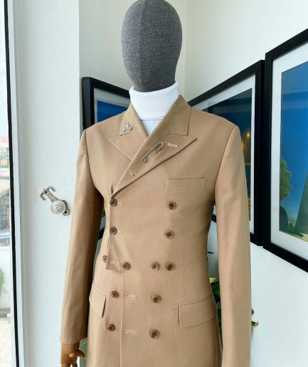 A Brown “Pirate” Polished Chinos, Layered Double Breasted, 12 Buttons, Peak Lapel Pearl Horn Blazers Suit