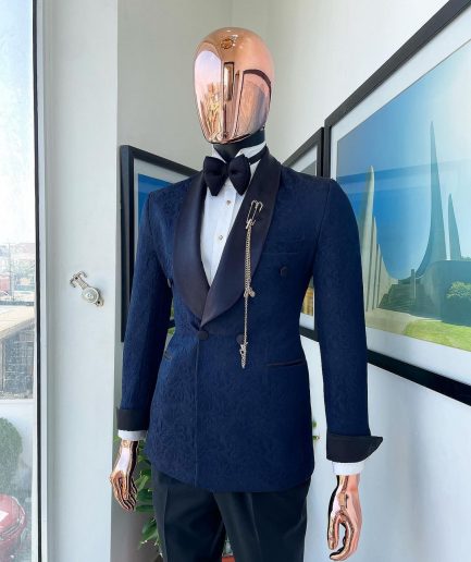 A Navy Blue Floral Patterned Shawl Lapel, Single Button Double-Breasted Tuxedo Suit