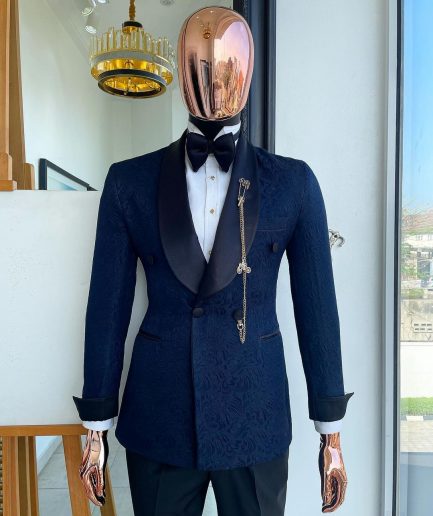 A Navy Blue Floral Patterned Shawl Lapel, Single Button Double-Breasted Tuxedo Suit