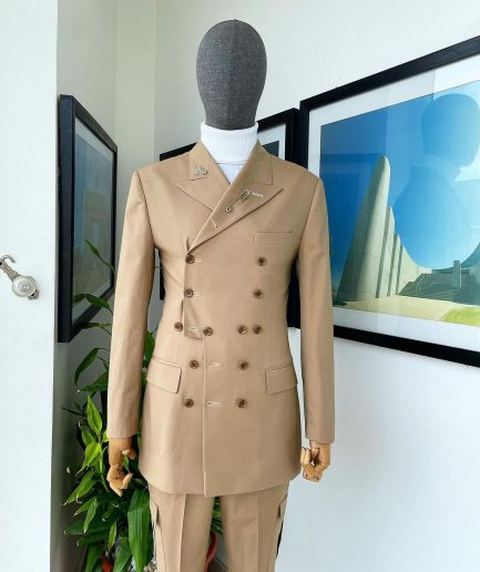 A Brown “Pirate” Polished Chinos, Layered Double Breasted, 12 Buttons, Peak Lapel Pearl Horn Blazers Suit