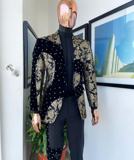 A “Prodigal” dispersed Black and splashed champagne gold suit, Layered black velvet with ss20 mixed Swarovski