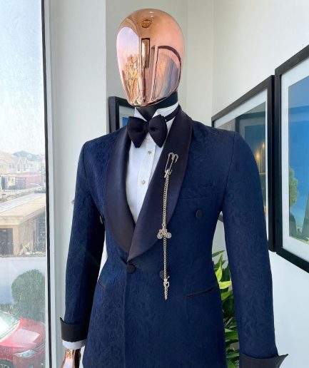 A Navy Blue Floral Patterned Shawl Lapel, Single Button Double-Breasted Tuxedo Suit