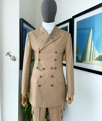 A Brown “Pirate” Polished Chinos, Layered Double Breasted, 12 Buttons, Peak Lapel Pearl Horn Blazers Suit