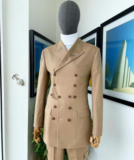 A Brown “Pirate” Polished Chinos, Layered Double Breasted, 12 Buttons, Peak Lapel Pearl Horn Blazers Suit
