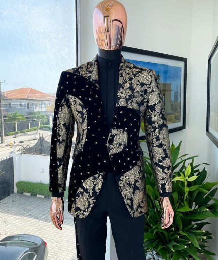 A “Prodigal” dispersed Black and splashed champagne gold suit, Layered black velvet with ss20 mixed Swarovski