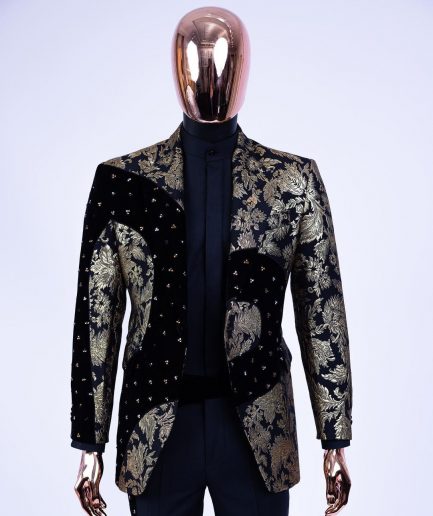 A “Prodigal” dispersed Black and splashed champagne gold suit, Layered black velvet with ss20 mixed Swarovski