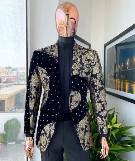 A “Prodigal” dispersed Black and splashed champagne gold suit, Layered black velvet with ss20 mixed Swarovski