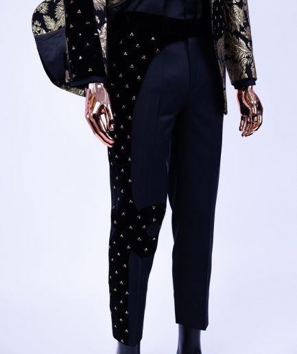 A “Prodigal” dispersed Black and splashed champagne gold suit, Layered black velvet with ss20 mixed Swarovski