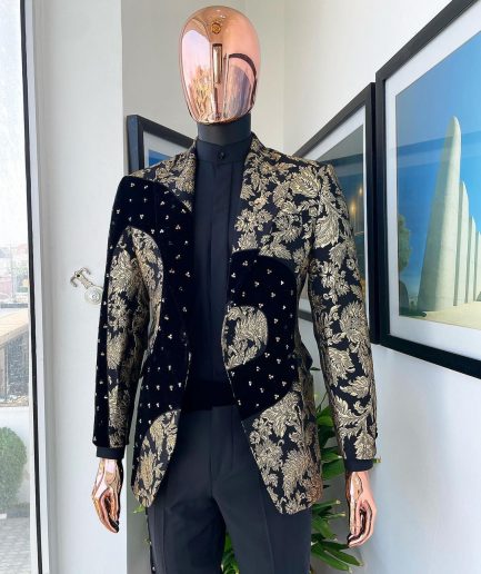 A “Prodigal” dispersed Black and splashed champagne gold suit, Layered black velvet with ss20 mixed Swarovski