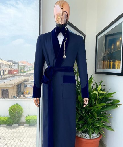 An “Asgad” Soaked Italian velvet shawl lapel, navy blue, hand woven treading, cube patterned pajamas tuxedo suit