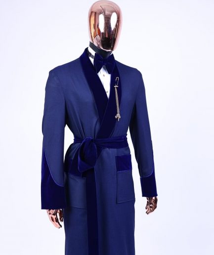 An “Asgad” Soaked Italian velvet shawl lapel, navy blue, hand woven treading, cube patterned pajamas tuxedo suit