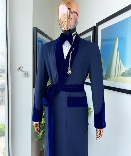 An “Asgad” Soaked Italian velvet shawl lapel, navy blue, hand woven treading, cube patterned pajamas tuxedo suit