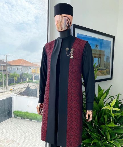 A charcoal black long sleeve kaftan, dispersed burgundy and black splash kimono jacket.
