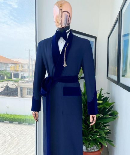 An “Asgad” Soaked Italian velvet shawl lapel, navy blue, hand woven treading, cube patterned pajamas tuxedo suit